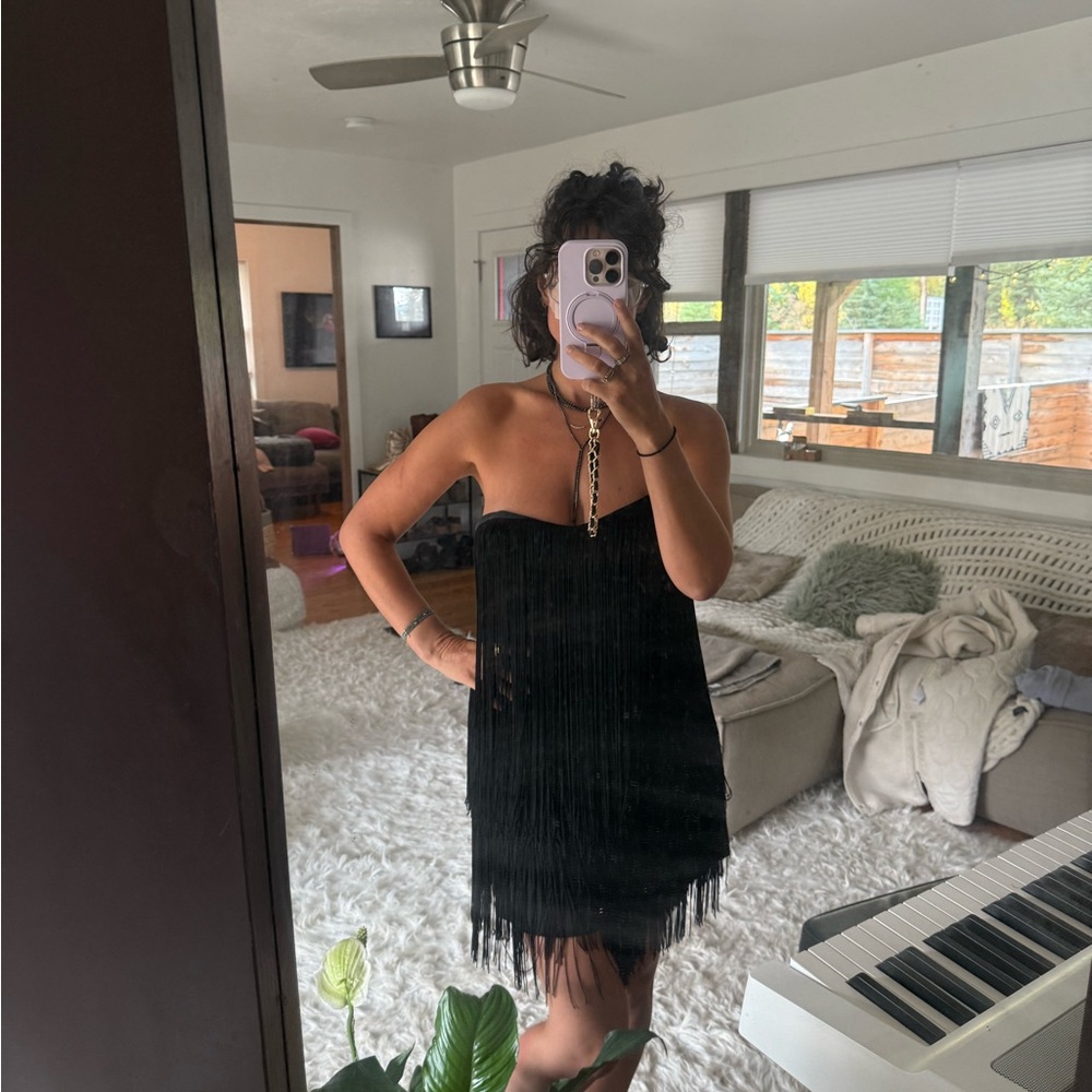 Elegant Black Strapless Fringe Dress
